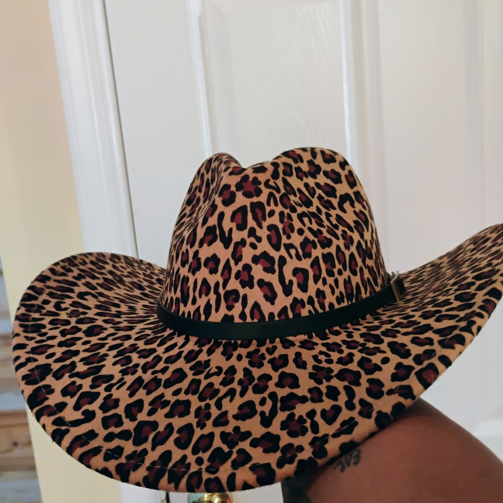 Brown and Black Leopard Print Hat with Wide Brim - Picture 5 of 6
